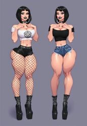 ai ai_generated alice_black bangs big_breasts bimbo bimbo_body bimbo_lips black_hair bob_cut booty_shorts crop_top egirl fishnets goth high_heel_boots high_heels oc original_character pinup platform_heels