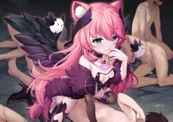 463_jun 5boys absurdres animal_ear_fluff animal_ears assertive_female black_wings breasts choker clothed_female_nude_male cowgirl_position creature cum ejaculation female heart heart-shaped_pupils highres indie_virtual_youtuber long_hair multiple_boys nude pink_hair sakurada_hane small_breasts straddling symbol-shaped_pupils wings