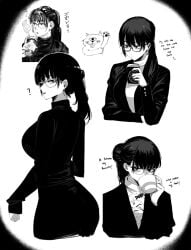 asian_female bags_under_eyes bangs big_breasts black_hair coffee comedy curvy curvy_figure dark_circles dialogue drinking english_text fat_ass fat_butt gege gege_akutami glasses half-closed_eyes huge_breasts humor jujutsu_kaisen masoq095 meme nerd nerdy nerdy_female ryoumen_sukuna_(jujutsu_kaisen) satoru_gojo shounen_jump text tired tired_eyes tired_look turtleneck waos