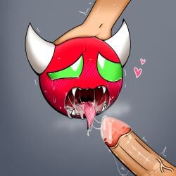 2boys ahe_gao ahegao_face big_head blush circle_head crying cum cum_in_mouth cum_on_penis demon erection face_closeup geometry_dash gray_background green_eyes hand_on_head hard_demon heart_symbol horn nervous non-human oral penis rape red_skin saliva saliva_on_penis steam sweat tears toony white_pupils