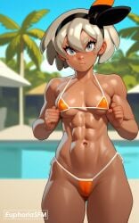 1girls ai_generated background bea_(pokemon) bikini blurry_background breasts cowboy_shot dark_skin dark_skinned_female fit_female grey_eyes grey_hair looking_at_viewer micro_bikini muscle_girl muscles pokemon pool pov short_hair tanned tanned_female tanned_girl tanned_skin thats_euphoria thighs