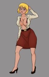 2024 alternate_version_available big_breasts black_high_heels blonde_hair blue_eyes bob_cut busty dc glasses grey_background high_heels huge_breasts karen_starr large_breasts light-skinned_female nerdification oolay-tiger open_clothes power_girl red_lips simple_background skirt strip_game teacher teacher_outfit twitter_link twitter_strip_game_(meme)