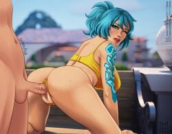 1boy 1girls blue_hair comet_(fortnite) doggy_style fortnite topwear tyrana