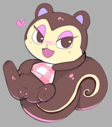 2019 animal_crossing anthro biped blush bottomless brown_body clothed clothing digital_media_(artwork) exed_eyes eyeshadow female fur furry furry_only heart low_res makeup mammal nintendo open_mouth partially_clothed pecan_(animal_crossing) presenting presenting_pussy pussy rodent sciurid shirt simple_background tail topwear tree_squirrel video_games