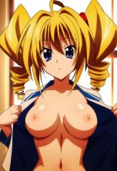 1girls breasts curious high_school_dxd no_bra open_shirt ravel_phenex shirt_open solo undressing