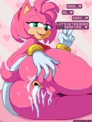 2024 after_sex amy_rose anthro blush bodily_fluids clothing countmoxi cum cum_in_ass cum_inside dialogue english_text eulipotyphlan female genital_fluids gesture gloves hair hand_gesture handwear hedgehog looking_at_viewer looking_back looking_back_at_viewer mammal pink_body pink_hair sega smile smiling_at_viewer solo sonic_the_hedgehog_(series) tan_body text v_sign