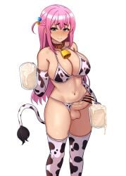 absurdres animal_print bar_censor bikini bikini_bottom_aside blue_eyes blush bocchi_the_rock! censored clothing_aside cow_print cow_print_bikini cow_print_gloves cow_print_thighhighs cow_tail cube_hair_ornament cum cum_in_container cum_in_cup cup elbow_gloves erection futanari gloves gotou_hitori hair_ornament highres holding holding_cup long_hair nose_blush penis pink_hair print_bikini print_gloves print_thighhighs serissa_(ysyg8722) solo swimsuit tail testicles thighhighs