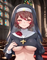 1girls ai_generated big_breasts blush breasts brown_hair day indoors latam_virtual_youtuber looking_at_viewer multicolored_hair nun nun_hat pixel_ai rakkun red_eyes red_hair short_hair smile solo_female tagme virtual_youtuber vtuber