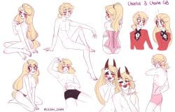 ambrioletteels ass blonde_hair breasts charlie_morningstar_(hazbin_hotel) demon duo fangs female genderswap_(ftm) hair hazbin_hotel horns male nipples nude open_mouth open_smile panties partially_clothed rule_63 smile teeth tongue tongue_out