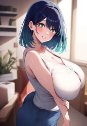 ai_due ai_generated big_ass big_butt blue_hair blush dolphin_shorts fat_ass gigantic_ass gigantic_breasts green_eyes huge_breasts kurokawa_akane light-skinned_female light_skin looking_at_viewer massive_ass massive_breasts medium_hair oshi_no_ko shounen_jump+ sideboob smiling solo_female squatting star-shaped_pupils sweat sweatdrop tank_top thick_body thick_female voluptuous voluptuous_female