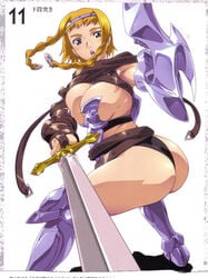 bikini_armor blonde_hair blue_eyes female hisayuki_hirokazu huge_ass huge_breasts leina queen's_blade shield sword thong