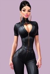 ai ai_generated anel_mcbride barber bimbo bimbo_body bimbo_lips black_hair bun fake_breasts hairdresser jumpsuit oc original_characters short_sleeves zipper