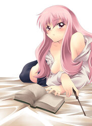 areola arm_support bed_sheet blush book clothing hands louise_francoise_le_blanc_de_la_valliere lying nanashi_(artist) nanashi_(soregashi) nipple_slip nipples on_stomach open_clothes open_shirt pink_eyes pink_hair reading sheets shirt skirt small_breasts stockings thighhighs wand zero_no_tsukaima