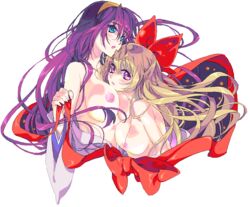 2girls blonde_hair blue_hair bow breasts chikane_himemiya clothing dosanko female hairband hairbow himeko_kurusugawa himemiya_chikane kannazuki_no_miko kurusugawa_himeko multiple_girls oekaki undressing yuri