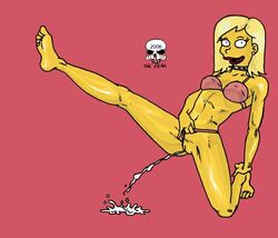 2006 becky_(the_simpsons) bra clothes color female female_only human kneeling lips lipstick peeing peeing_on_floor raised_leg red_lipstick solo squirting tagme the_fear the_simpsons thong thong_aside urinating urinating_female urination urine urine_splatter urine_stream vulva