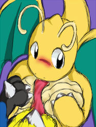 black_eyes blue_fur blush bottomless breasts color dragonite exposed_breasts eyes fellatio female fur furry horn interspecies lucario male nintendo nudity open_eyes oral paizuri penis pokemon pokemon_(species) spike straight topless wings yellow_fur