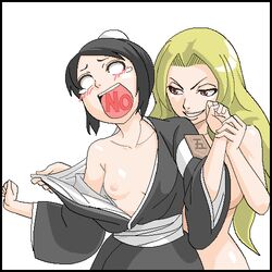 2girls black_hair bleach blonde_hair blush breasts female female_only hinamori_momo imminent_rape lowres matsumoto_rangiku multiple_girls nipples open_mouth pixel shihakushō tear undressing yuri