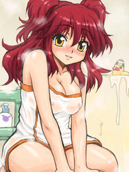 blush breasts cleavage gundam gundam_00 kneeling naked_towel nanamo nena_trinity pointy_chin red_hair sweat towel wet yellow_eyes