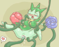 1girls basketgardevoir big_breasts blush bodily_fluids breasts closed_eyes game_freak generation_3_pokemon green_skin heart looking_pleasured nintendo open_mouth penetration pokemon pussy pussy_juice roselia simple_background tears tentacles vaginal_penetration