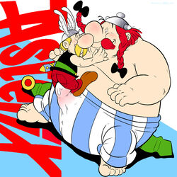 2boys asterix asterix_and_obelix clothing cum cum_in_pants erection erection_under_clothes fat fat_man fully_clothed male male_only obelix obese obese_male overweight overweight_male pacrix short_male size_difference tagme toony topless yaoi