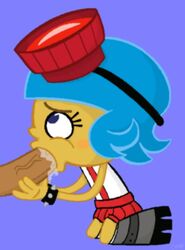 blue_background blue_eyes blue_hair boots bracelet chunk el_tigre fellatio female frida_suarez goggles goggles_on_head latina nickelodeon red_skirt skirt spiked_bracelet suspenders tagme