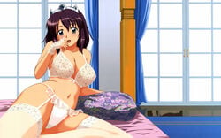 blush bra garter_belt gloves henrietta_de_tristain jewelry large_breasts lingerie necklace panties purple_hair satou_chagashi short_hair stockings thighhighs tiara underwear voyeurism wallpaper window zero_no_tsukaima