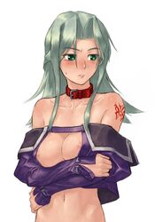 bare_shoulders blush collar green_eyes green_hair lamia_loveless long_hair midriff super_robot_wars super_robot_wars_original_generation tattoo