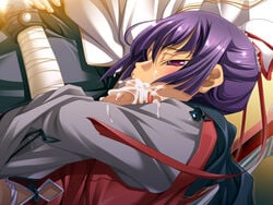 dark_skin female game_cg highres hikage_eiji hongou_kazuto kannei_kouha koihime†_(series) koihime_musou oral penis purple_eyes purple_hair short_hair