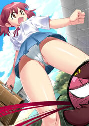 bikini blood brown_eyes from_below giroro hinata_natsumi keroro_gunsou lace-trimmed_panties lace_panties natsumi_hinata nosebleed panties pantyshot red_hair satchel school_bag school_uniform serafuku skirt swimsuit underwear upskirt white_panties zouzou