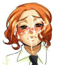 1girls blush blushing brown_eyes collared_shirt cum cum_on_face cum_on_hair cum_on_lips necktie pop'n_music red_hair simple_background tagme uno