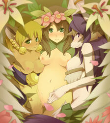 3girls bell blonde_hair breasts brown_hair censored convenient_censoring daena danae elle elle_(lom) flower furry green_eyes hair_ornament horn horns legend_of_mana long_hair multiple_girls nipples open_clothes open_shirt petals purple_eyes purple_hair pussy_juice seiken_densetsu short_hair sierra tears vish yow