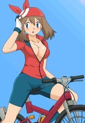 1girls bicycle bike_shorts breasts cameltoe cleavage female hat human human_only kuro_hopper kusakabe330 may_(pokemon) nipple_slip nipples oekaki open_clothes open_shirt pokemon red_bandana shirt solo straight_hair sweat