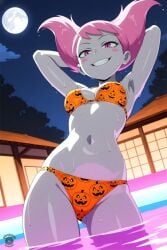 2025 ai_generated alfrehr203 belly black_dot_eyes cartoon_network deviantart female female_only grinning_at_viewer hands_behind_head jinx_(dc) looking_down_at_viewer pink_cheeks pink_eyebrows pink_eyes_female pink_hair_female pool_background pumpkin_bikini short_hair_female smile_at_viewer smiling_at_viewer solo teen_titans tummy warner_bros._animation wet_body