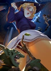 2girls 3boys ass blonde_hair breasts brooke_(mathias_leth) dungeons_and_dragons female from_behind from_below goblin human human_female large_breasts male mathias_leth monster_boy orange_eyes original paid_reward_available panties pantyshot red_panties solo_focus stina_(mathias_leth) upskirt wizard wizard_hat