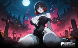 ai_generated black_hair bob_cut breasts dress female gradient_hair graveyard halloween halloween_costume halloween_theme lunanova41 patchwork_skin red_eyes red_hair seductive sexy sexy_body sexy_pose short_hair thick thick_thighs wide_hips zombie_girl