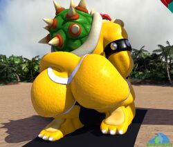 1boy 2025 3d_(artwork) albalbalb anthro armband ass beach beach_towel beach_umbrella big_bulge big_butt bowser bulge claws clothing digital_media_(artwork) enormous_ass fat_ass furry furry_male furry_only green_body green_scales hair huge_butt jockstrap kneeling koopa looking_at_viewer looking_back looking_back_at_viewer male male_only mario_(series) nintendo palm_tree parasol plant red_eyes red_hair reptile scales scalie shell solo tail tan_body tan_scales towel tree underwear watermark yellow_body yellow_scales