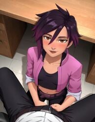 1boy ai_generated belt belt_buckle black_hair black_pants blush breasts brown_belt brown_eyes buckle bulge clavicle closed_mouth clothing crop_top cropped_jacket crotch_grab dispatch_(game) erection female hair_between_eyes indoors invisigal jacket kneeling lips lok_ai looking_at_viewer male midriff multicolored_hair navel nose_piercing nose_ring pants penis piercing pink_belt pink_jacket purple_belt purple_hair purple_jacket shirt short_hair small_breasts smile solo_focus straight tiles under_the_table unzipping viewed_from_above zipper zipper_pull_tab