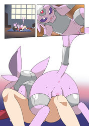 1boy 1girls absurd_res armor ass black_hair blush bodily_fluids bottomless closed_eyes clothed clothing comic duo ears_back eeveelution espeon eudetenis female feral forked_tail fur genital_fluids hair happy hi_res male nintendo pinheadchains pivoted_ears pokémon_(species) pokemon pokemon_gsc purple_body purple_fur pussy pussy_juice rear_view straight sweat video_games young