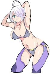 1girls ahoge angel_(kof) blue_eyes bra breasts chaps crotchless_clothes enpe female female_only king_of_fighters latina panties pose smile snk solo solo_female white_hair