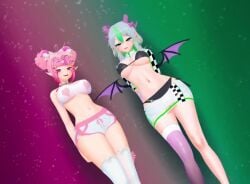 2girls 3d 3d_(artwork) 3d_animation ahoge animated arms_behind_back bedroom_eyes big_breasts bikini bikini_bottom bikini_top bra breasts cleavage collar demon demon_girl demon_horns demon_tail demon_wings devil_tail fangs female female_only from_below froot gloves green_eyes green_hair grey_hair hair_buns hair_clip hair_clips hair_ornament hair_ornaments hairbuns heart_ahoge higher_resolution_available hip_sway hips horns indie_virtual_youtuber ironmouse jacket jumngee koikatsu large_breasts looking_at_viewer looking_down midriff miniskirt music naughty_face navel open_mouth panties pierced_ears piercing pink_hair pointy_ears purple_hair race_queen seductive seductive_look seductive_pose seductive_smile short_hair shorts sidelocks skirt slim_waist smile sound swaying swaying_hips tagme tail thick_thighs thighhighs thighs underboob video virtual_youtuber vtuber wide_hips wings