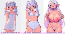 2d ai_assisted ai_generated alternate_body_type alternate_breast_size before_and_after belly belly_button belly_piercing big_ass big_breasts bimbo bimbofication blush bra braid breasts caption choker curvy elf eyeshadow female frieren glossy light-skinned_female light_skin long_hair makeup nightwear oiled oiled_skin panties petite piercing pink_lipstick plump_lips pointy_ears ponytail seductive seductive_look seductive_smile shy skimpy small_ass small_breasts sousou_no_frieren text translucent ultimate_waifu_project white_hair