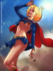 1girls areolae beltskirt blonde_hair breasts cape dc dc_comics female female_only hair japes kara_zor-el nipples no_bra no_panties patreon pinup skirt solo supergirl superheroine superman_(series) upskirt watermark