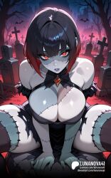 ai_generated black_hair bob_cut breasts dress female gradient_hair graveyard halloween halloween_costume halloween_theme lunanova41 patchwork_skin red_eyes red_hair seductive sexy sexy_body sexy_pose short_hair thick thick_thighs wide_hips zombie_girl