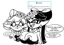 2girls big_breasts black_and_white breasts callie_(splatoon) casual_nudity cleavage clothed cute cute_face digital_art digital_drawing_(artwork) digital_media_(artwork) female female_only happy happy_female huge_boobs huge_breasts idol inkling jaleczu marie_(splatoon) nintendo nipple_bulge nipples nipples_visible_through_clothing no_bra public public_exposure public_nudity request requested revealing_clothes sideboob splatoon splatoon_(series) squid_sisters