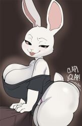 1girls 2d_(artwork) anthro apsel_bluestar beastars black_shirt bouncing_ass bunny_ears bunny_tail clapping_cheeks curvaceous_female cute_face haru_(beastars) huge_ass huge_breasts leporid long_ears looking_at_viewer naughty_face open_mouth pink_panties prey seductive_look seductive_pose sexy_pose short_shirt shortstack small_waist smug thick_thighs tounge_out voluptuous_female white_body wide_hips