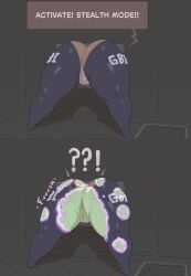 accident accidental_exposure anus ass big_butt black_bodysuit black_clothing black_skinsuit bodysuit brown_bodysuit brown_clothing brown_skinsuit clothed clothing dialogue disappearing_clothing exclamation_point female genitals goatsworth goblin green_anus green_body green_skin grey_background hi_res humanoid pussy question_mark rear_view short_stack simple_background skinsuit solo speech_bubble stuck text through_wall tight_clothing vent vulva