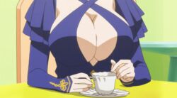 animated ariadoa_(kono_yuusha_ga_ore_tueee_kuse_ni_shinchou_sugiru) bouncing_breasts breasts cleavage coffee female huge_breasts indoor kono_yuusha_ga_ore_tueee_kuse_ni_shinchou_sugiru screencap