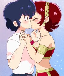 2girls benten blue_hair blush chains clothed earrings elcriz2001 eyes_closed fujinami_ryuunosuke grabbing_clothing holding_shirt kissing red_eyes red_hair school_uniform surprised tagme urusei_yatsura urusei_yatsura_(2022) wholesome yuri