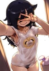 1girls armpit_hair arms_up artist_request black_hair blush female green_eyes hairy_armpits hairy_pussy jimiko kuroki_tomoko pubic_hair pussy sweat watashi_ga_motenai_no_wa_dou_kangaetemo_omaera_ga_warui!