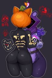 anthro ass bear big_breasts big_butt black_body black_fur blush breasts closed_eyes clothing curvy_figure domestic_cat duo epic_games felid feline felis female female/female food for_a_head fortnite fruit fur galo78 glistening glistening_body glistening_skin hand_holding heart_shaped_tail hi_res hoodie kissing making_out mammal object_head plant pumpkin pumpkin_head purple_body purple_eyes raven_team_leader spice_(fortnite) thick_thighs topwear
